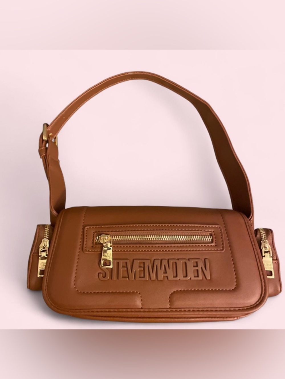Steve Madden Cognac Brown Faux Leather Shoulder Bag with Gold Hardware